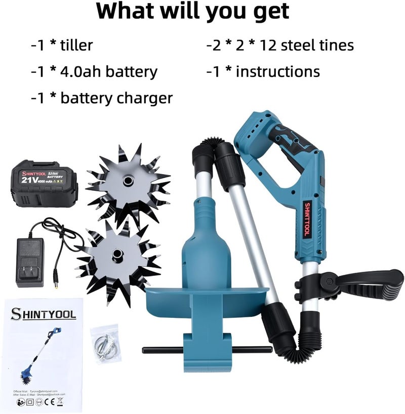 SHINTYOOL 21v Cordless Tiller, 8-Inch Wide 4.0 Ah Battery Powered Garden Cultivator, Cultivator with Steel Tines and Battery Capacity Display, Rototiller for Lawn/Gardening/Soil Cultivation (Blue) by - Image 2